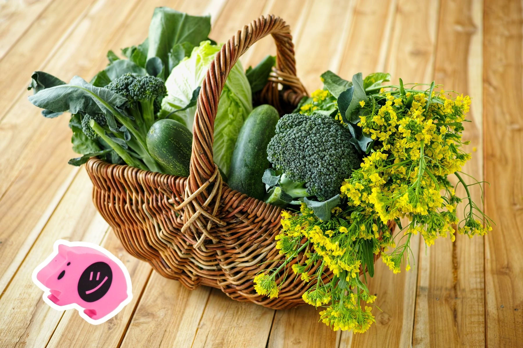 a smiling age ham beside a basket of vegetables